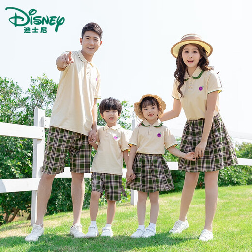 Disney (Disney) 2023 new summer clothing for a family of three, pastoral style parent-child clothing, short skirt, lapel PL shirt suit, travel style, apricot top, boys size 14-150cm