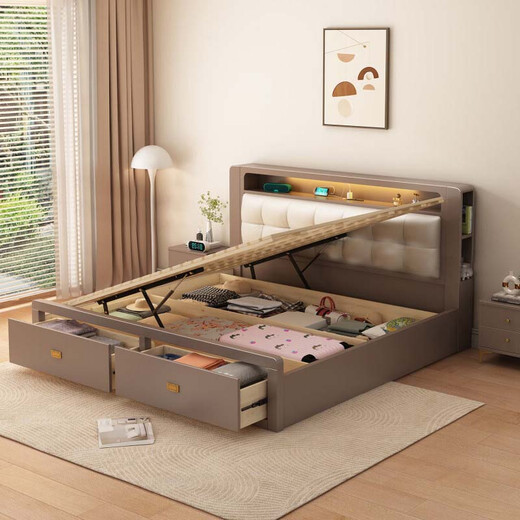 
Yu Feiqi Nordic multi-function soft solid wood double bed modern simple high box night light storage charging wedding bed 9901# single bed [with light with socket] 1.8*2.0m (frame with tail withdrawal)