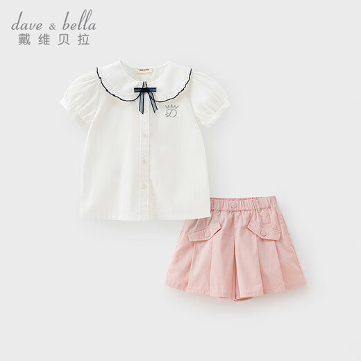 DAVE&BELLA girls' shirts short-sleeved children's tops college style big children's clothes summer new cotton girls' shirt white ready in stock 140 cm (recommended height 130-140cm)