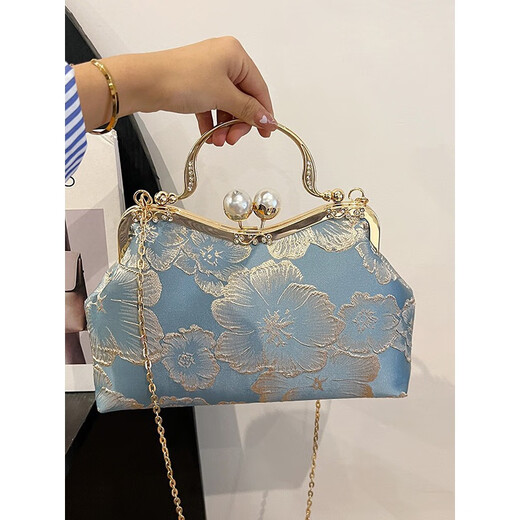 Kuqidaishu bag Frauenmodet gestickt Pearl Clamp Hand Cheongsam Bag 2024 Neue Kette One-Shoulder Flower Crossbody Bag Blau