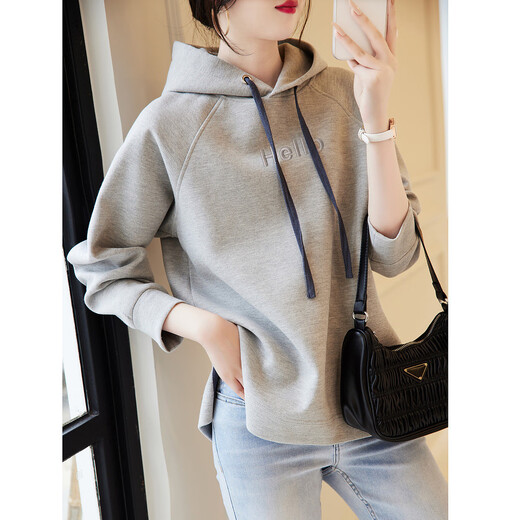 Demana Slit Craft Spring and Autumn Hooded Loose Casual Micro-Elastic Long-Sleeved Sweatshirt for Women Gray Velvet XL