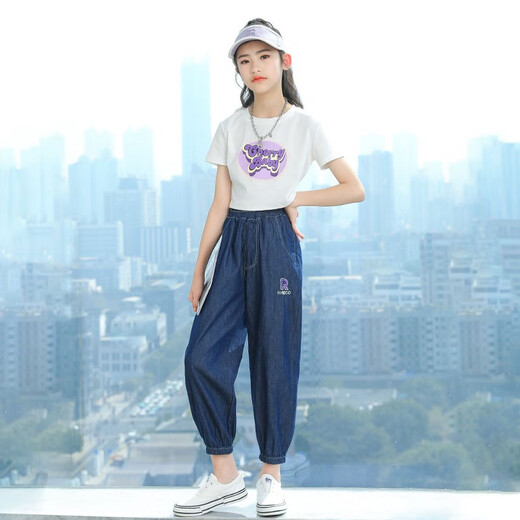 小猪彼特（PIG&PETER）防蚊裤女童夏季裤子牛仔宽松儿童夏天冰丝运动裤休闲大童女孩夏装 5788深蓝色+9905白色【套装】 130 cm