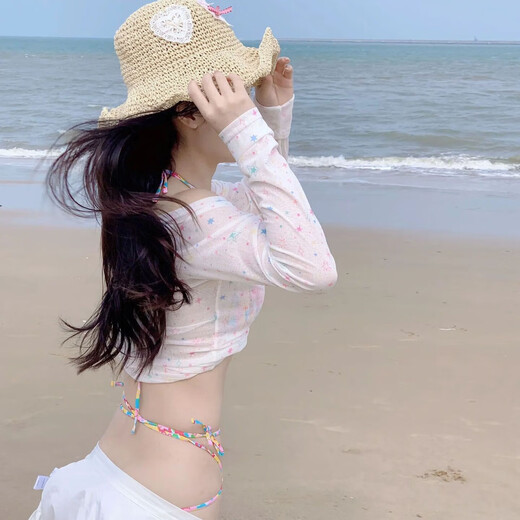 乐卡利 泳衣星星罩衫 微透长袖泡温泉沙滩比基尼女防晒外搭套头上衣T恤 星星罩衫【白优质版  80-120斤】