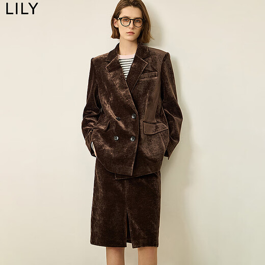 LILY冬新款女装复古丝绒光泽仿灯芯绒开叉及膝直筒裙半身裙女 719栗棕 L