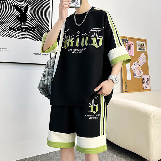 花花公子（PLAYBOY）短袖t恤男休闲套装男2024夏季华夫格短裤两件套圆领半袖男体.恤衫 DT681黑色套装 170 (约110~125斤可穿)