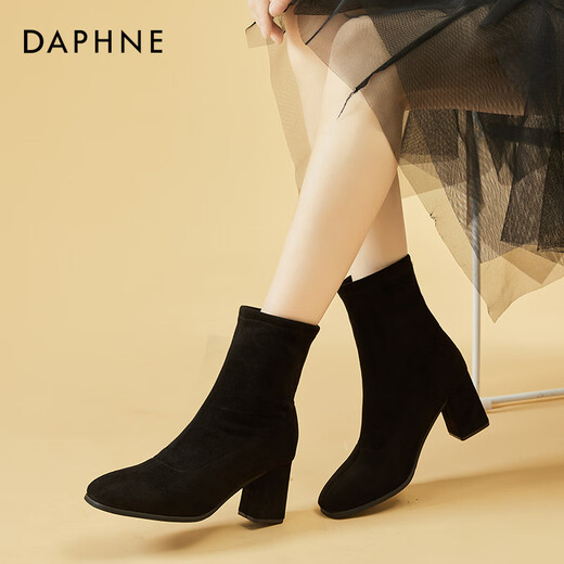 Daphne plus velvet temperament versatile short boots thick heel mid-calf slim boots soft sole high heel women's boots 4622607082 black 38