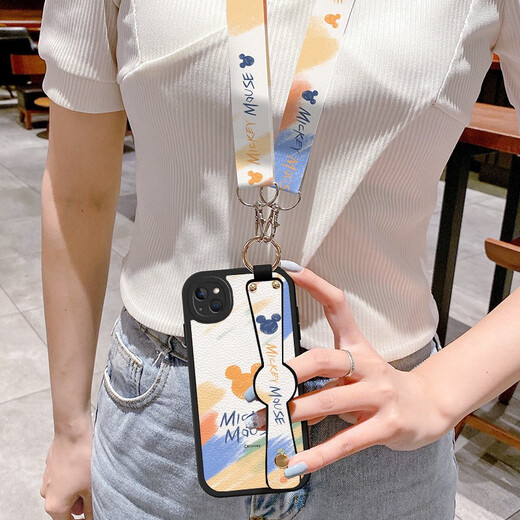 Disney authorized Apple 13 mobile phone case ProMax summer slant strap strap lanyard shell iPhone 13 mini cartoon oil painting men and women Apple 13 [antique white oil painting Mickey] + lanyard