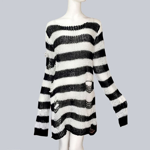 Yuan Lexen mid-length punk dark versatile European and American ripped autumn and summer sweater for women couple striped loose niche sweater new dark gray one size