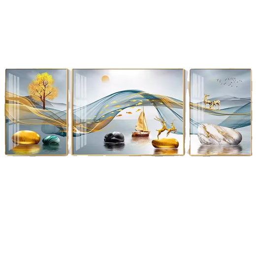 
XMSJ custom-made suitable for light luxury living room decoration painting sofa background wall mural painting Fulu landscape triptych painting atmospheric hj-3886-Financial Rebundle Suitable for 2-2.5 meters sofa 40*60E on both sides