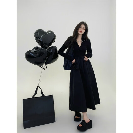 Trumpchi Vuitton large size 300Jin Jin is equal to 0.5kg Hong Kong style slim design stitching long-sleeved dress for fat mm women autumn and winter waist slimming long skirt black 2XL size recommended 150-190Jin Jin is equal to 0.5kg