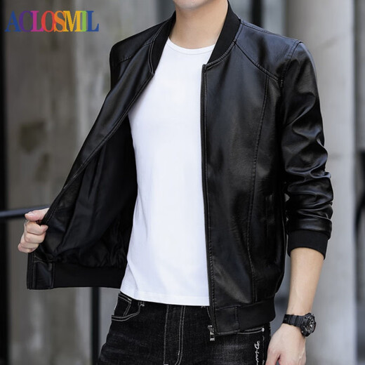 ACLOSMIL 2024 spring and winter men's baseball collar men's leather jacket coat PU leather plus velvet thickened live broadcast black baseball collar thin M50/160-165CM (90-115Jin Jin is equal to 0.5 kg)