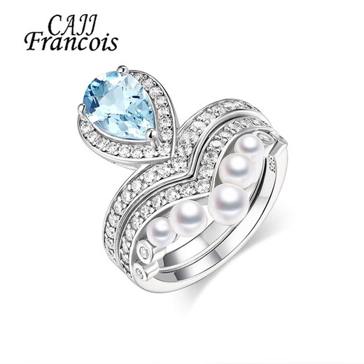 CAJJ Francois 1 carat aquamarine ring, pearl ring, set ring, natural colored gemstone jewelry, 925 silver inlaid with gemstones, size 14