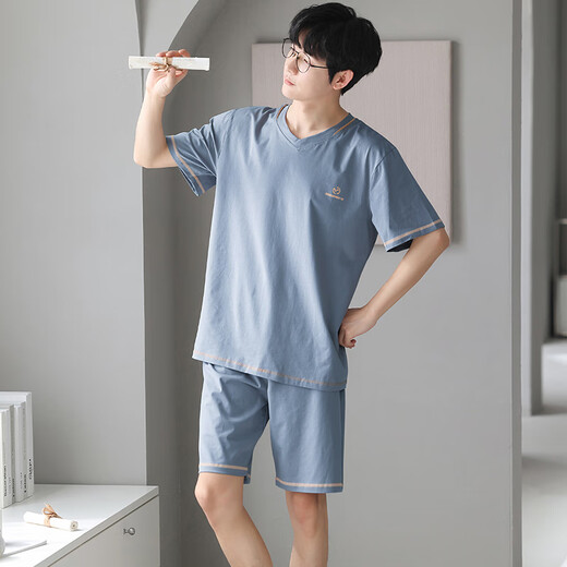 浪莎男士睡衣冰丝莫代尔触感可外穿夏季V领简约休闲家居服套装 浅蓝 XL