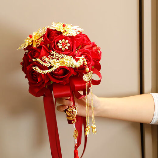 春生秋收手捧花结婚diy高级感手捧花新郎接亲国潮风新娘捧花diy高级仿真玫 凤凰于飞-中号-成品发货