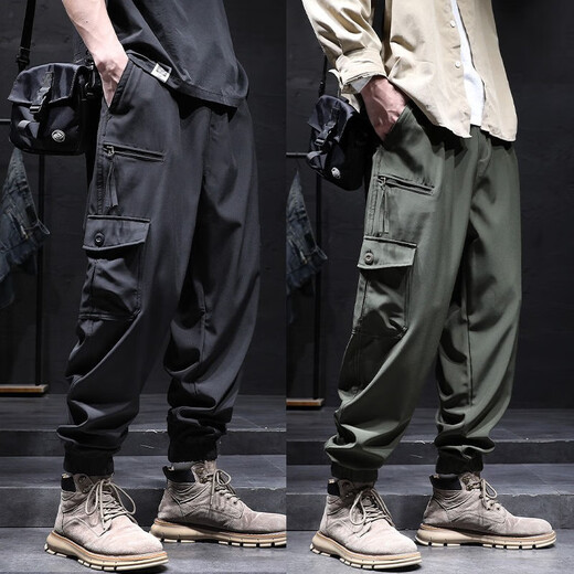Xuan Laiya zipper workwear casual pants for men spring and summer thin stretch loose large size men Harun casual charge long pants for men black 2XL