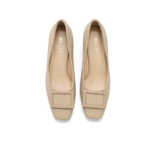 Belle square button high heel shoes for women's shopping mall same style single shoes B1344CQ3 sheepskin-apricot color 37 (235mm)