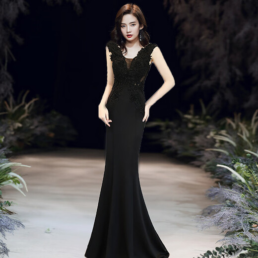
Cool Huke evening dress for women 2022 new high-end temperament slimming 2022 summer banquet aura queen temperament sexy fish tail apricot color fish tail long M