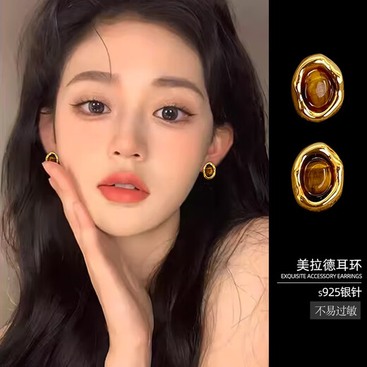 Lnieer S925 Silver Maillard Tiger Eye Stone Earrings Women's Retro Hong Kong Style Autumn and Winter Earrings 2025 New High-end Earrings Tiger Eye Stone Earrings S925 Silver Needle