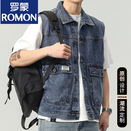 
ROMON 2024 denim vest men's sleeveless vest jacket men's spring and autumn trendy loose versatile work jacket 9215 blue + 9216 black 4XL