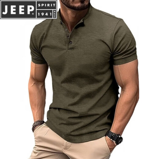 JEEP SPIRIT men's short-sleeved T-shirt simple slim cotton solid color trendy green Henry collar summer T-shirt casual men's clothing black 4 buttons XL