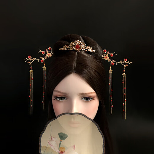 Meng Junchen's handmade ancient style classical hairpin plum blossom tassel Hanfu headdress for girlfriend's birthday and Valentine's Day gift Ruiji plum blossom double tassel inlaid with beads