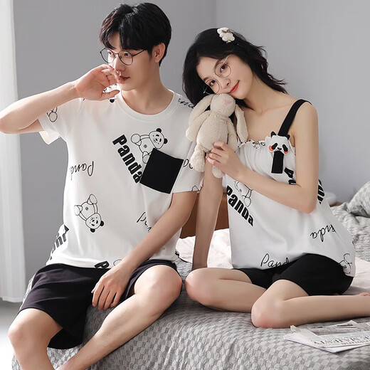 Daizixin 2 ensembles de pyjamas de couple pour les bretelles d'été pour femmes, ensemble en deux pièces de coton pur à manches courtes à manches minces d'été pour hommes DD9904 Femmes M + hommes XL