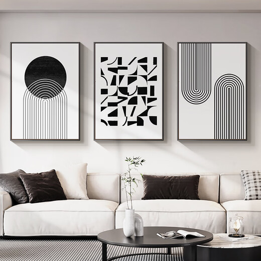 Long time no see living room decorative painting black and white gray abstract art sofa background wall mural modern simple triptych hanging painting