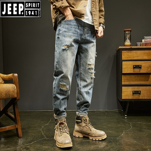 JEEP SPIRIT吉普破洞牛仔裤男夏季直筒宽松水洗美式复古哈伦裤痞帅潮牌九分裤 B01浅蓝色 30