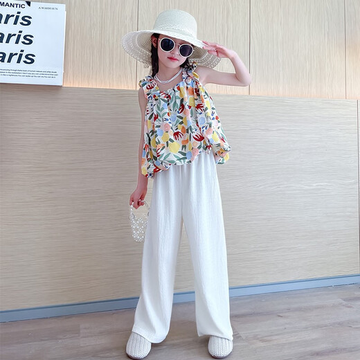 Baleinna girls suit summer suit 2025 new children's internet celebrity fashionable suspenders girls big children's pants little girls clothes summer style floral suspenders + white pants 150cm
