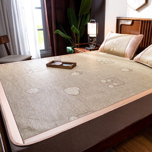 Arctic velvet home textile, encrypted imitation rattan mat, summer cool mat, foldable air-conditioned mat, student dormitory single mat, summer household straw mat, double mat, strawberry bear-cool rattan mat 150*195cm (cool mat + 2 pillowcase)