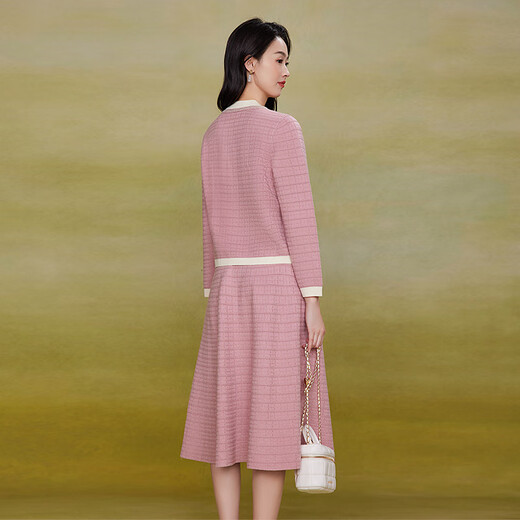 Dema Shi New Gentle Lady Style Knitted Suit Pink Top A-Line Skirt Two-piece Set for Women Pink XL