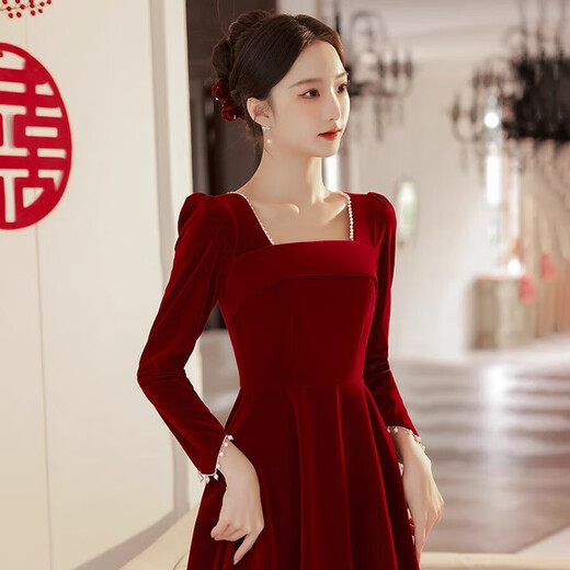 Li Baixin Velvet Toast Wear Bridal Autumn and Winter Simple Burgundy Temperament Slim Engagement Dress Back Door Dress Dress Women Burgundy L Recommended 100-110 Jin Jin equals 0.5 kg