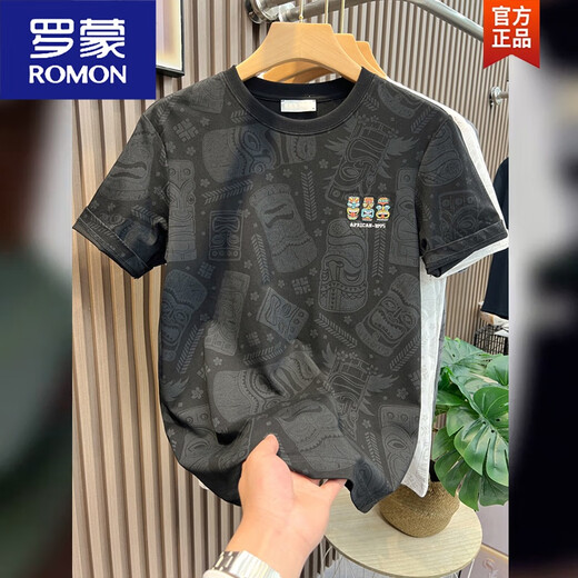 
ROMON European short-sleeved T-shirt for men 2025 summer new cartoon printed slim half-sleeved cotton top White XL 125-140Jin [Jin equals 0.5 kg]