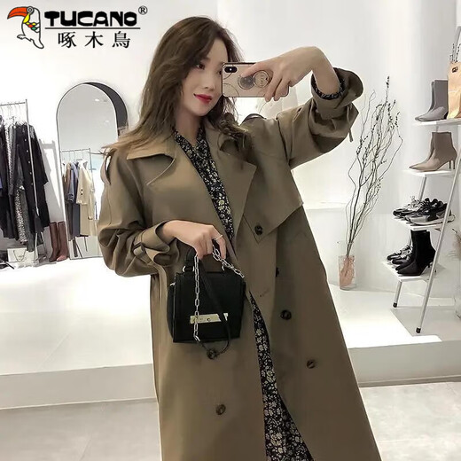 Woodpecker (TUCANO) windbreaker jacket for women mid-length spring wear 2025 new fall knee-length temperament goddess Fan Yinglun style jacket green coffee color lining double layer L l recommended 115 to 130 Jin Jin equals 0.5 kg