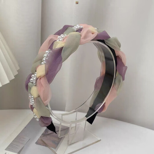 Chuxiang (CHUXIANG) temperament pearl rhinestone hair accessories non-slip headband braided twist headband high skull wide-brimmed hairpin lilac mesh contrast color headband pearl style A08