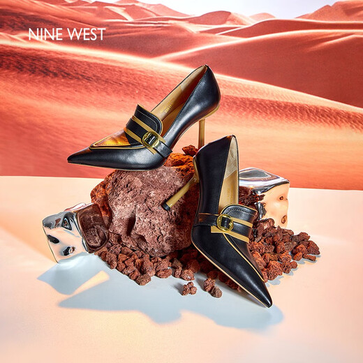NINE WEST/High heels women's spring and autumn new European and American style urban commuter metal buckle color matching stiletto shoes black 34