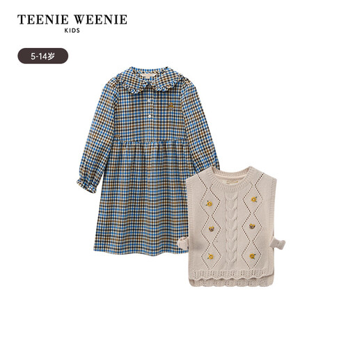 Teenie Weenie Kids 24 Autumn Girls Woolen Vest Plaid Long Sleeve Dress Mixed Color 120 cm