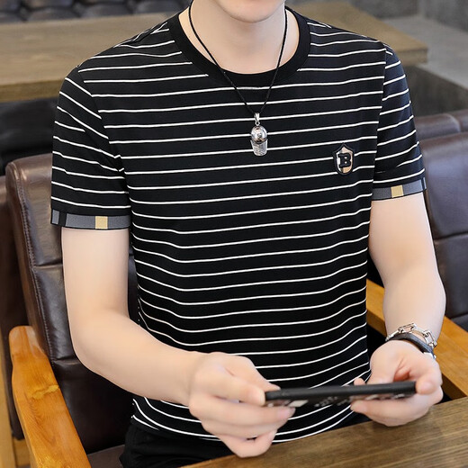 Juecho Pure Cotton New Striped Short Sleeve T-Shirt Herren Sommer Trendy Slim Sweatshirt Korean Round Neck T-Shirt Top Black XL (125jin [Jin entspricht 0,5 kg] -140jin [Jin gleich 0,5 kg]))