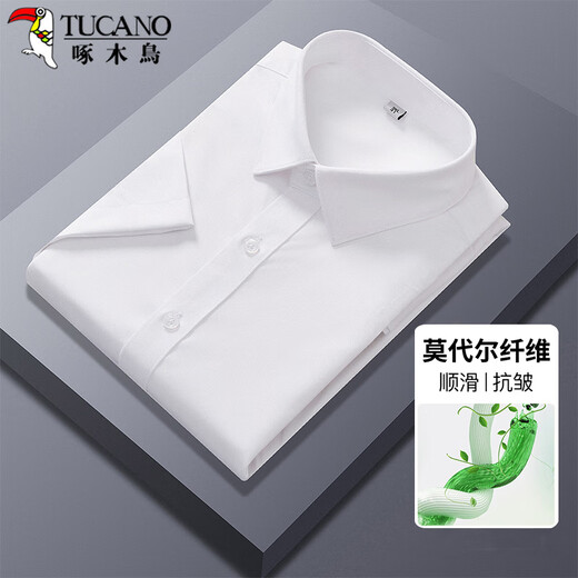 啄木鸟（TUCANO）衬衫男士夏季莫代尔纯色短衬衣商务休闲时尚百搭男装 白色 2XL