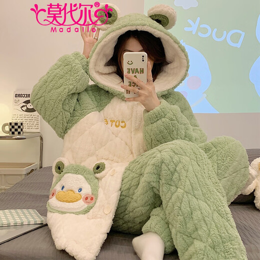 Modal Pyjamas für Frauen im Herbst und Winter, verdickter und warmer Korallenmerkt, können außen mit dreischichtiger Baumwollstudentin Flanell Home Wheel 7027 m [empfohlen, 90-100 Jin zu tragen [Jin gleich 0,5 kg]]]