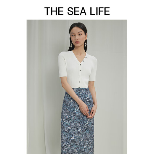 THE SEA LIFE Ou Hai Yisheng Knitted Sweater 24 Spring and Summer Slim Short Sleeve Cool Temperament Knitted Sweater X15868 Glimmer Green S