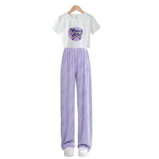 
Youyou 1 point girls summer suit children fashionable new short-sleeved pants big children girl summer wide-leg casual 15009 purple + 9922 white 160cm