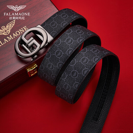法莱阿玛尼（FALAMAONE）品牌男士皮带真皮自动扣商务裤腰带男生日礼物送男友老公 【实木礼盒】PD844Q枪扣-印花纹 115cm -130cm随机-联系客服指定