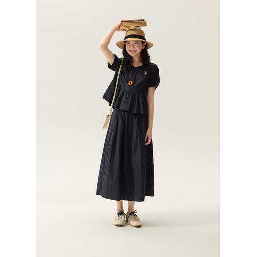 Zihan (ZIHAN) Zihan Japanese simple round neck short-sleeved top high-waisted a-line skirt two-piece suit for women 2025 summer new style Navy L