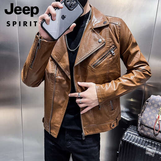 JEEP SPIRIT motorcycle leather jacket for men in spring and autumn new style suit collar handsome pu jacket slim short British style black 2XL 140-155Jin [Jin equals 0.5 kg]