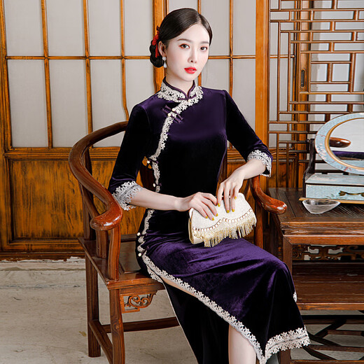 Should the cheongsam old Shanghai Chinese style spring and autumn new style retro temperament long three-quarter sleeves improved solid color gold velvet cheongsam purple 2XL