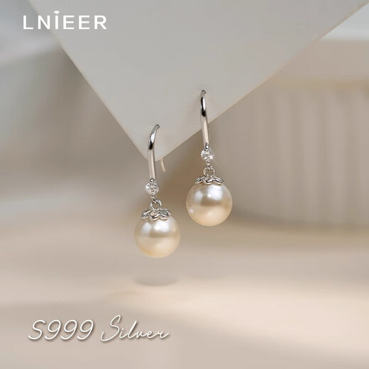 Lnieer999 pure silver earrings women's pearl earrings niche French style light luxury retro perfect round high-end earrings temperament ear hooks 999 pure silver pearl earrings a pair