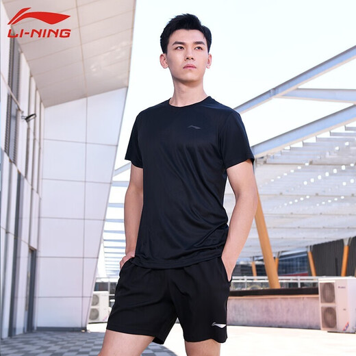 李宁（LI-NING） 运动服男女新款羽毛球服T恤短袖速干短裤春夏季乒羽网服 男款黑色上衣 L