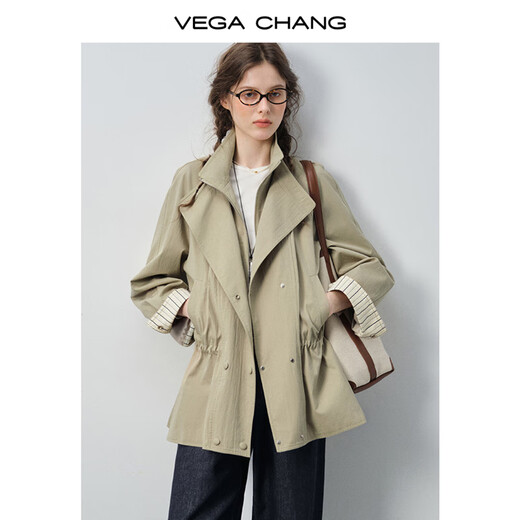 VEGA CHANG windbreaker for women petite 2026 new spring double-breasted striped splicing loose coat fog khaki M