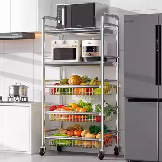 Taodehao stainless steel kitchen rack floor-standing multi-layer movable vegetable basket for fruit and vegetable storage rack trolley three layers丨three baskets without plates stainless steel